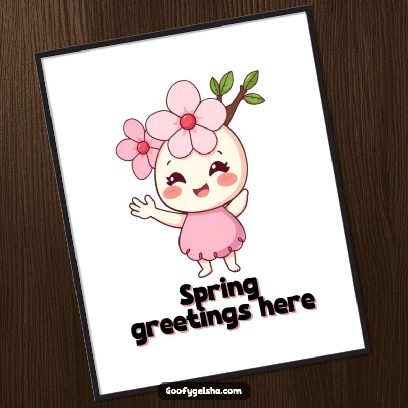 Funny Cherry Blossom Poster of a happy flower character waving hello with tiny arms, bringing cheerful vibes to any wall.