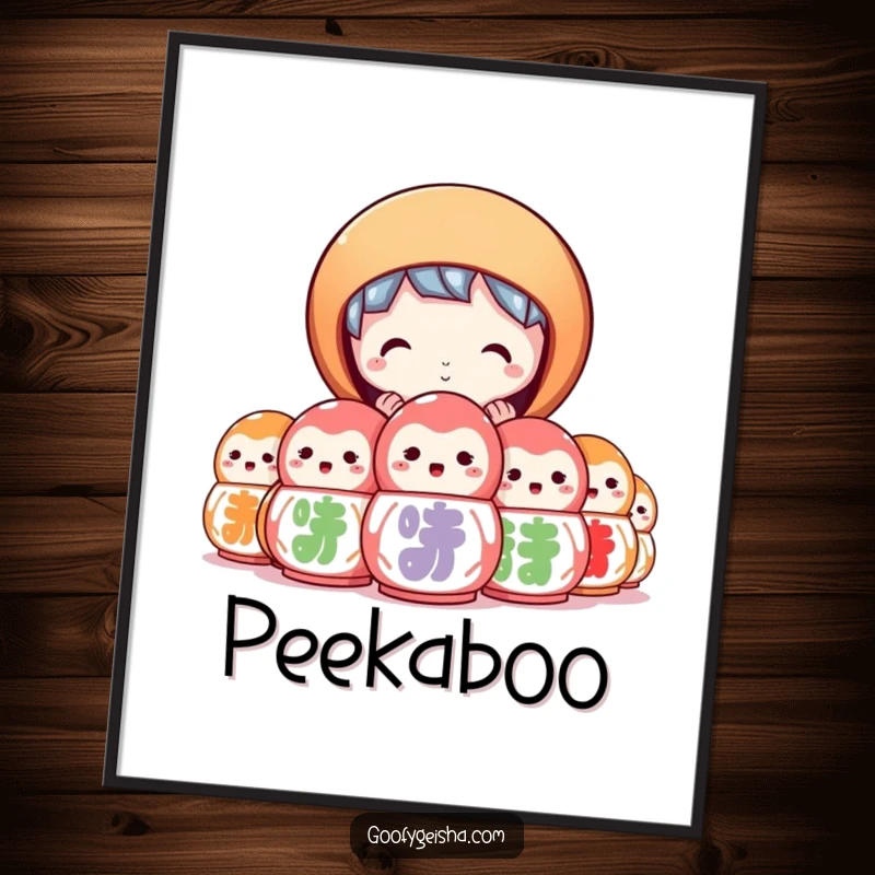 Funny poster art of a character peeking curiously from behind a stack of colorful daruma dolls. Unique and engaging.