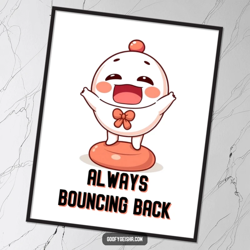 Funny Daruma doll poster depicting a tiny, animated character in a perpetual state of happy bouncing, bringing vibrant energy.