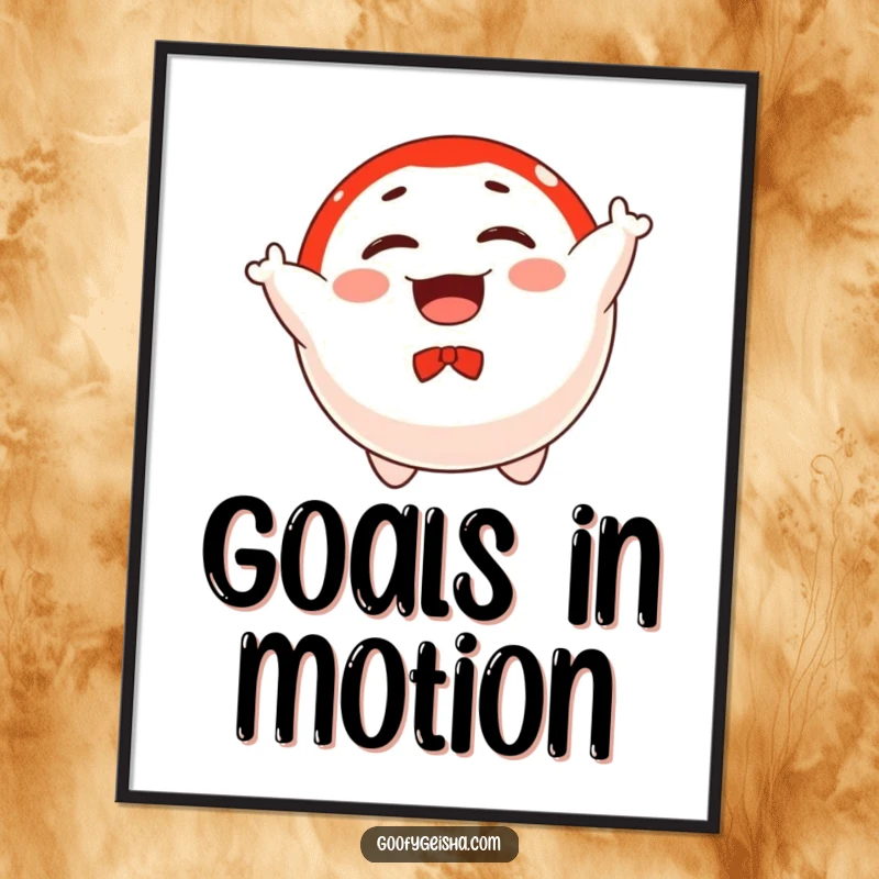 Funny poster art of a floating Daruma doll character joyfully spinning, radiating positive energy and good fortune.