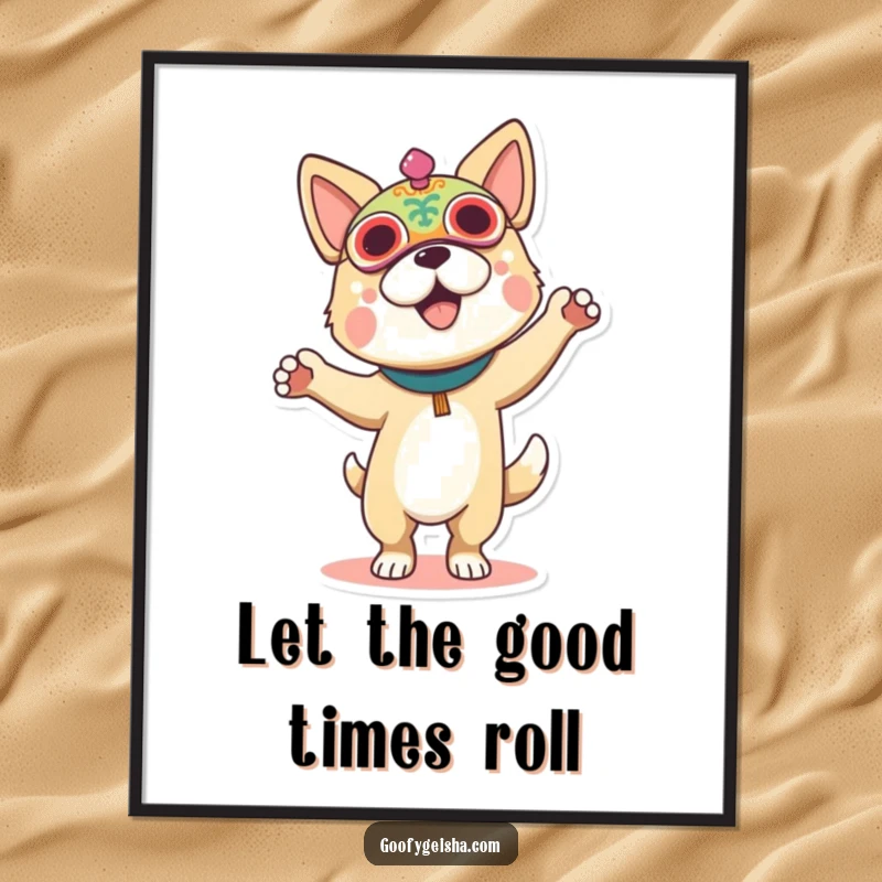 Funny poster of a dog wearing an elaborate festival mask, captured in a dynamic dance pose, full of life.