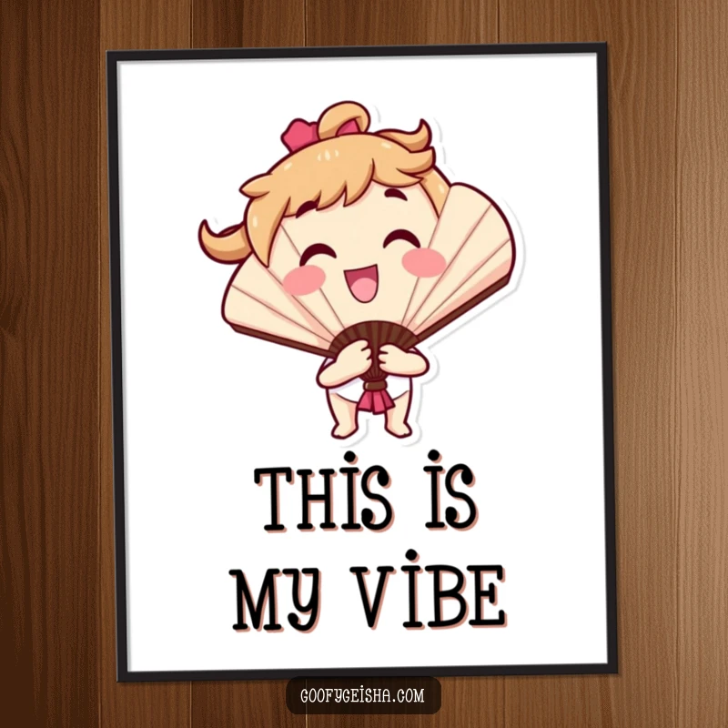 Funny poster showcasing a smiling fan character in a graceful, cheerful flourish, adding a touch of vibrant energy and playful art to any wall.