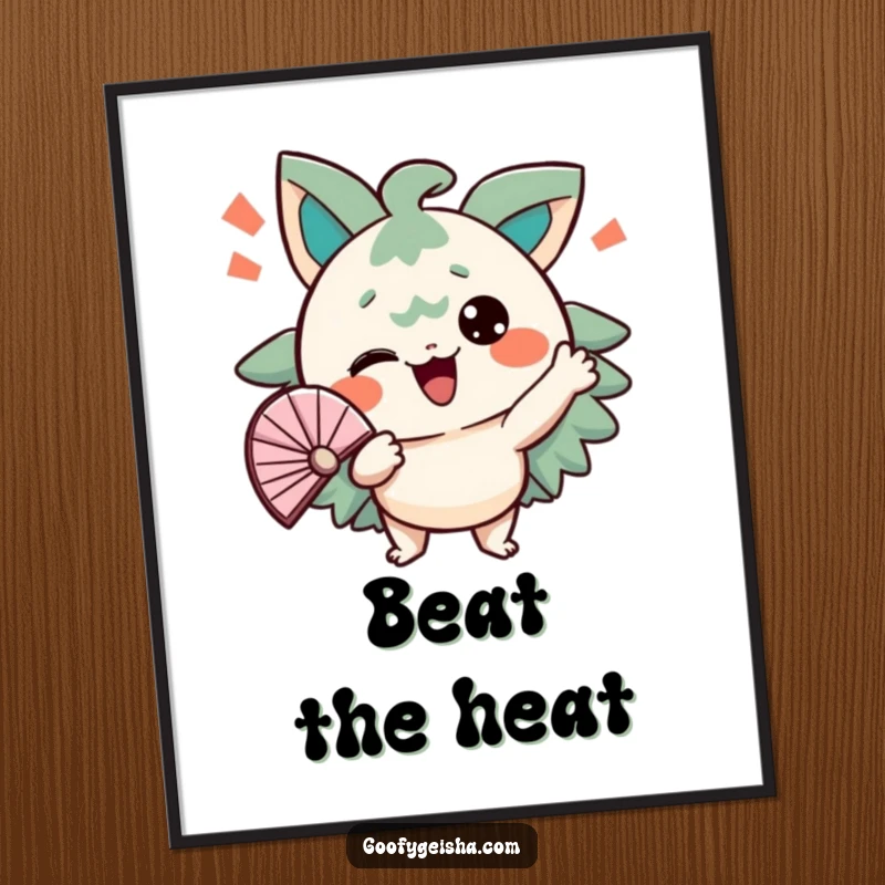 Funny poster art of a character energetically fanning itself with a comical, stressed expression. Amusing wall decor.