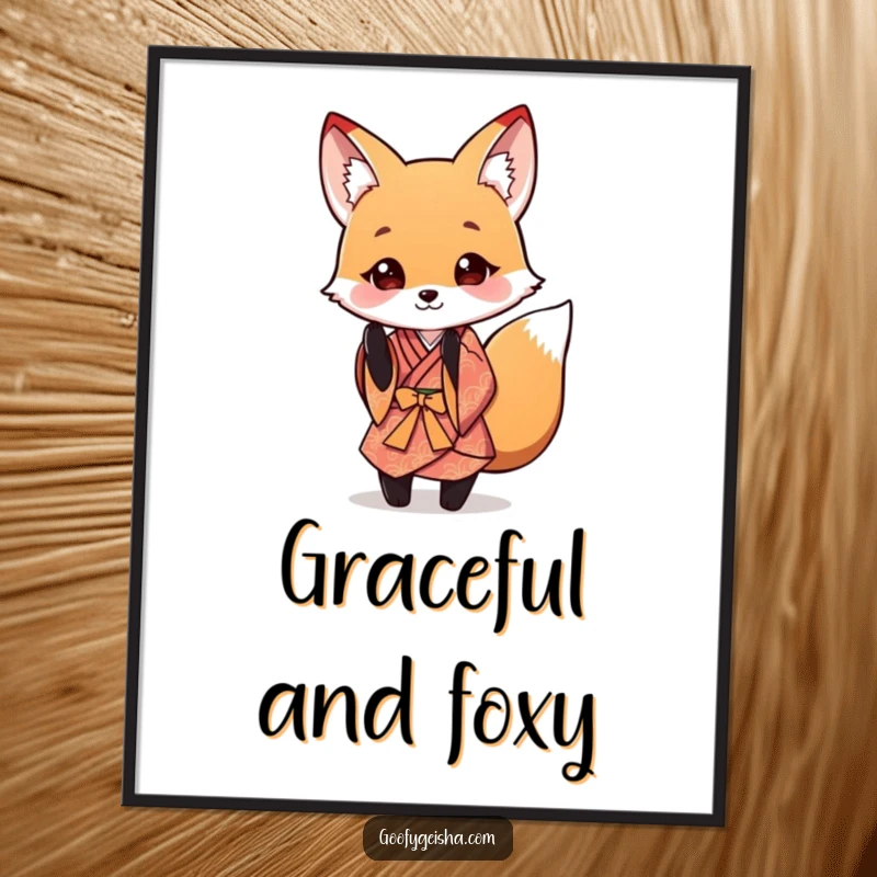 Funny Fox Kimono Poster showing a cute fox in a kimono performing a playful bow, adding a touch of elegance and humor.