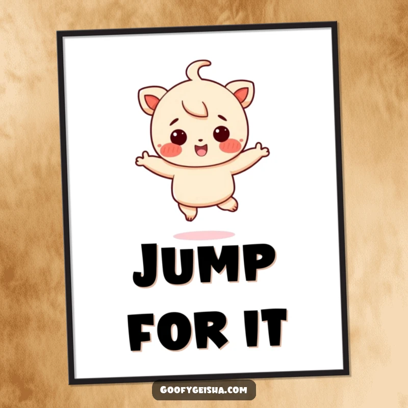 Funny poster of a rosy-cheeked character performing a joyful jump, radiating happiness and vibrant energy, a funny art piece.