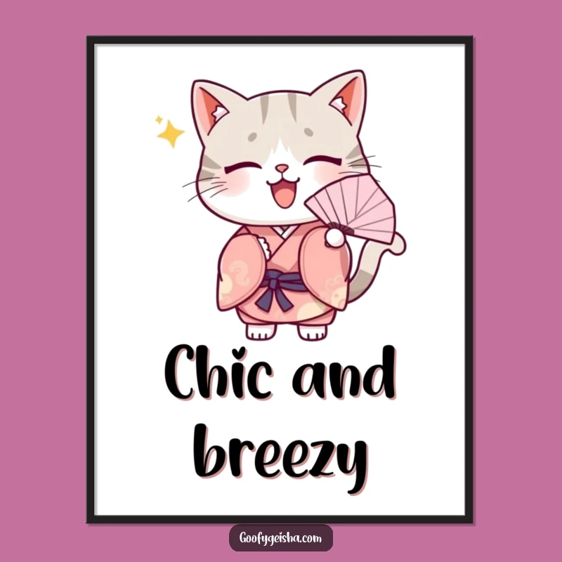 Funny Kawaii Cat Kimono Poster: Cute Fanning Character Art, Ideal Funny Gift