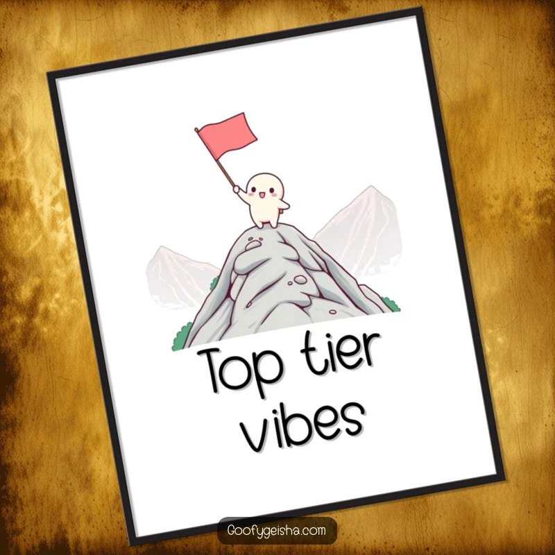 Funny Kawaii Poster: Character joyfully waving flag from mountain peak, inspiring and humorous artwork. Perfect funny gift.