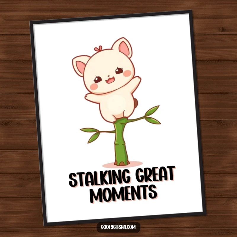 Funny Kawaii poster featuring a delighted character balancing precariously on a small bamboo stalk, perfect for whimsical wall art.