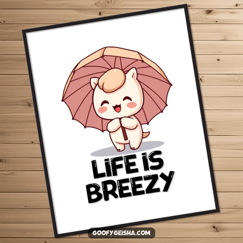 Funny Kawaii poster featuring a cute character happily spinning with a comical umbrella tilted sideways, perfect for cheerful decor.