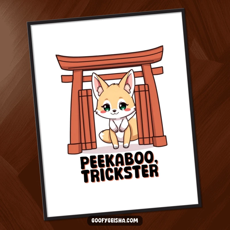 Funny Kitsune Fox Poster: Japanese art showcasing a mischievous Kitsune fox with a grin peeking from a Torii gate, adding mystery.
