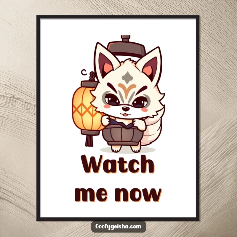 Funny Kitsune mask poster featuring a cute character playfully peeking from behind a lantern, evoking mystery and charm.
