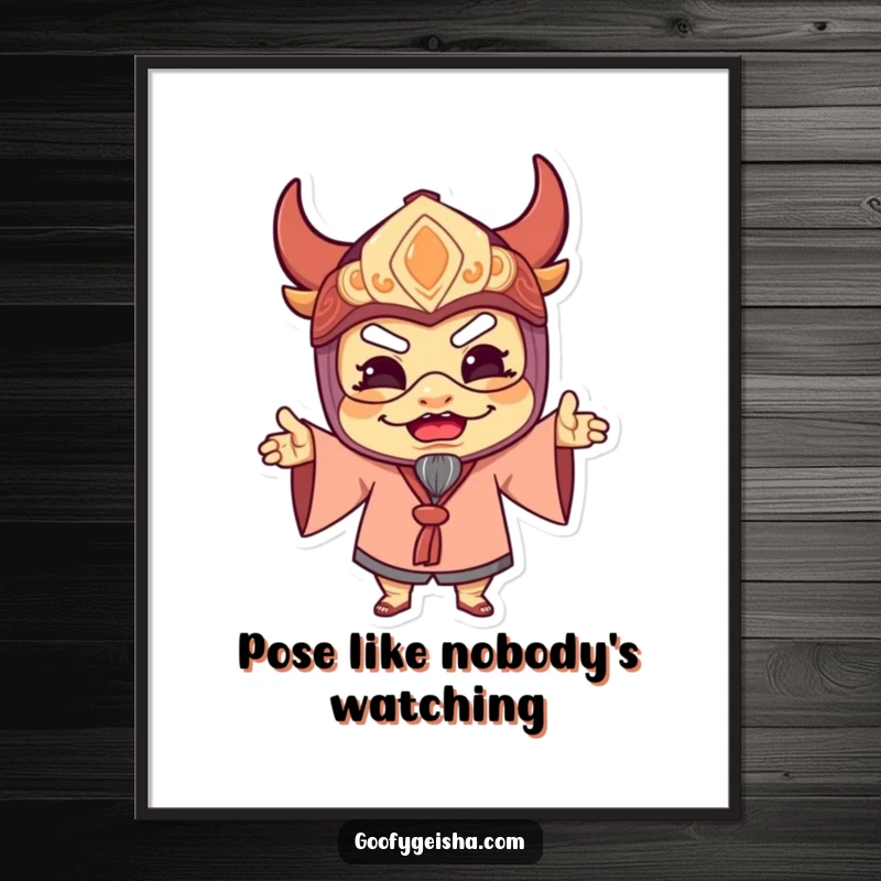 Funny poster of a character in a traditional mask striking a hilariously delighted and exaggerated pose, bringing lively, humorous energy to any room.