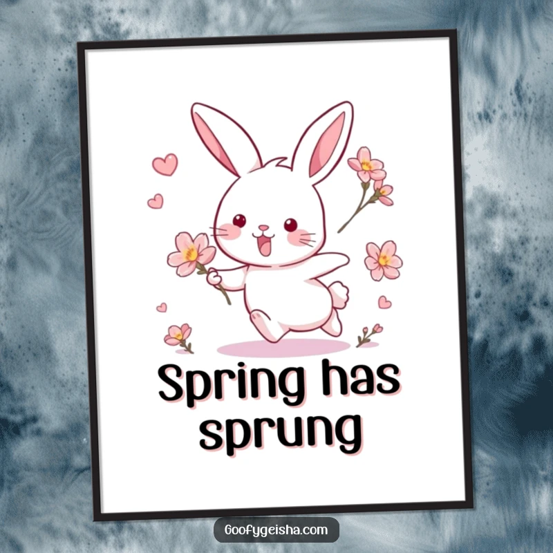 Funny poster illustrating a rabbit's ecstatic chase after a delicate blossom, bringing whimsical energy to any room.