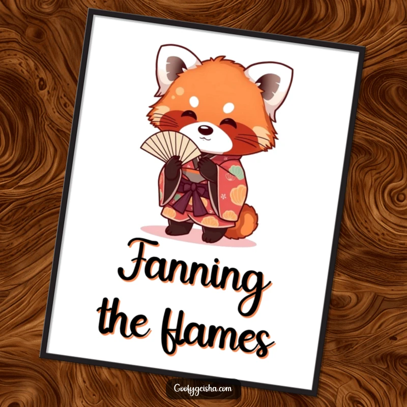 Funny red panda artistically rendered in a vibrant kimono, fanning itself with a relaxed demeanor, ideal for a humorous poster.