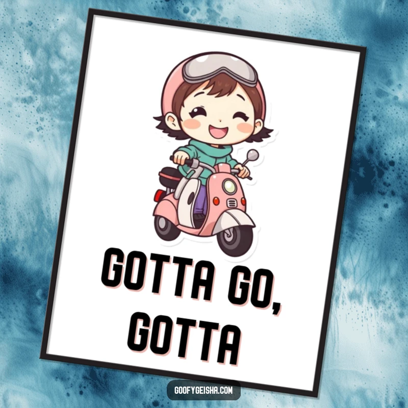 Funny poster capturing a small, smiling character expertly riding a tiny scooter, radiating pure happiness and a sense of adventure.