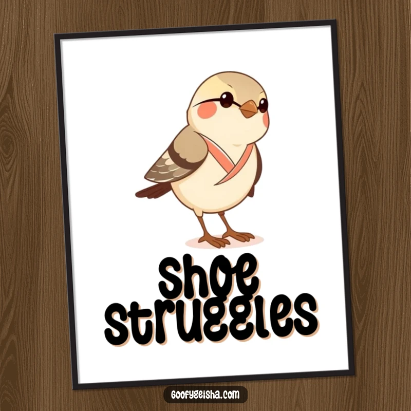Funny poster art of a curious little sparrow in a dainty kimono attempting to wear traditional geta sandals, a comical scene.