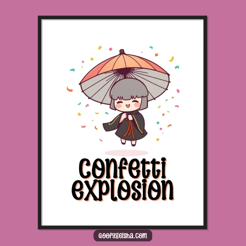 Funny Umbrella Character Art Poster: Confetti Party Decor, Vibrant Wall Art Gift