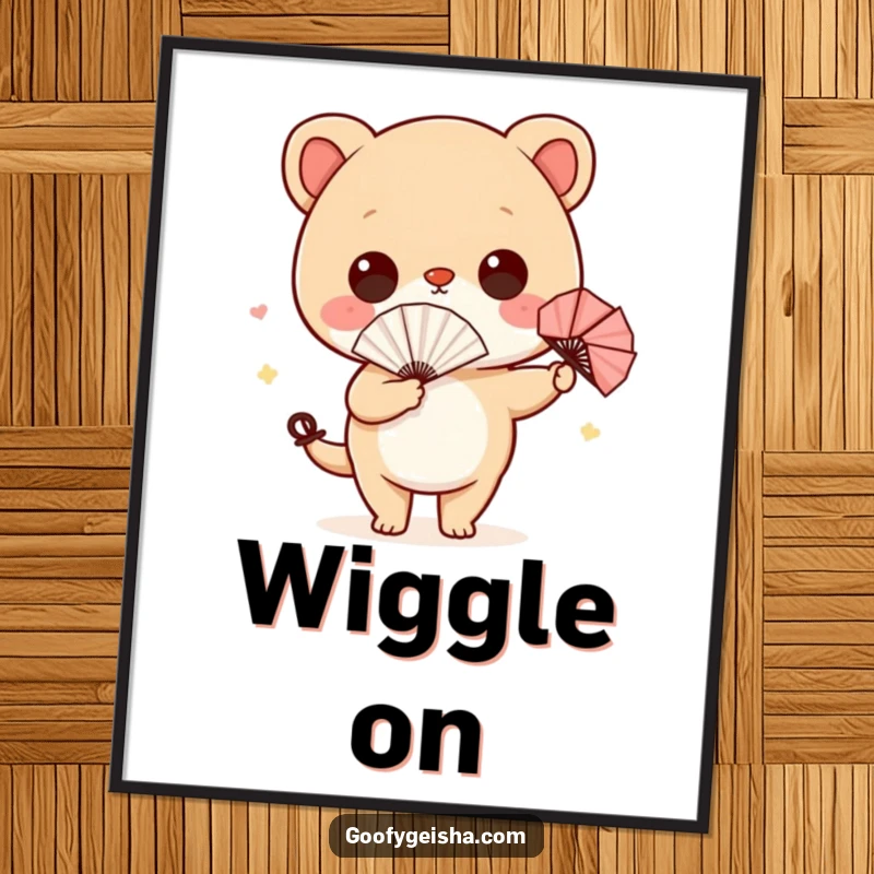 Funny poster print of a cute character with a tiny paper fan, humorously wiggling its hips, creating a joyful and comical scene.