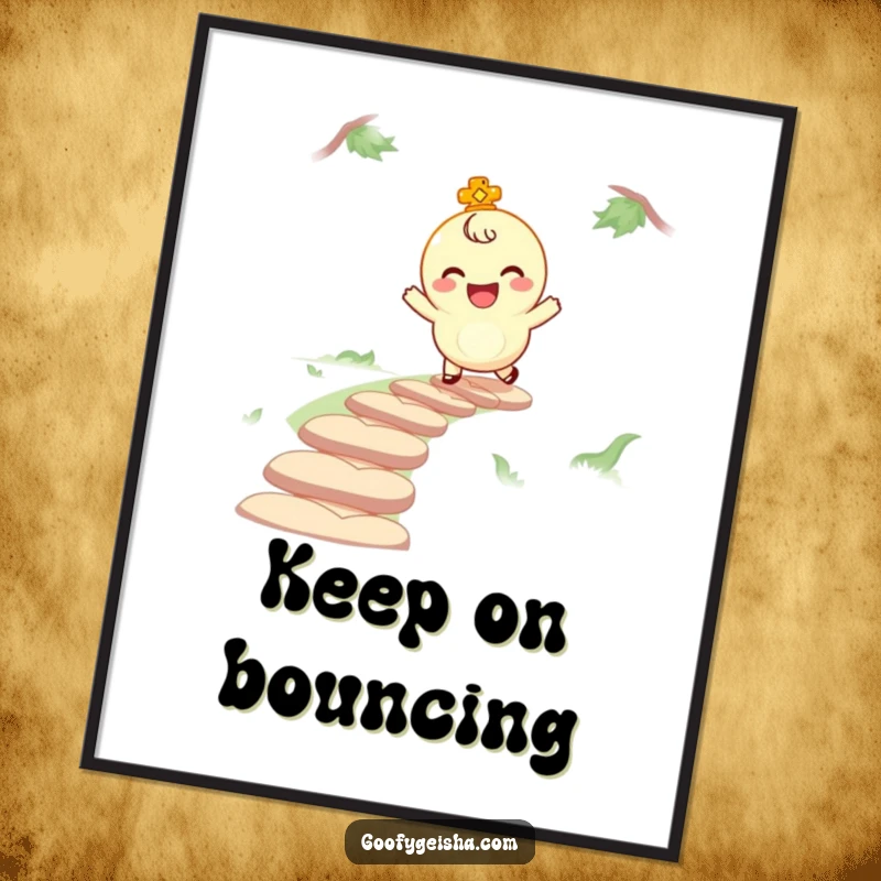 Funny poster showcasing a giggling lucky charm character bouncing along a winding path, bringing a playful and joyful atmosphere to any room.