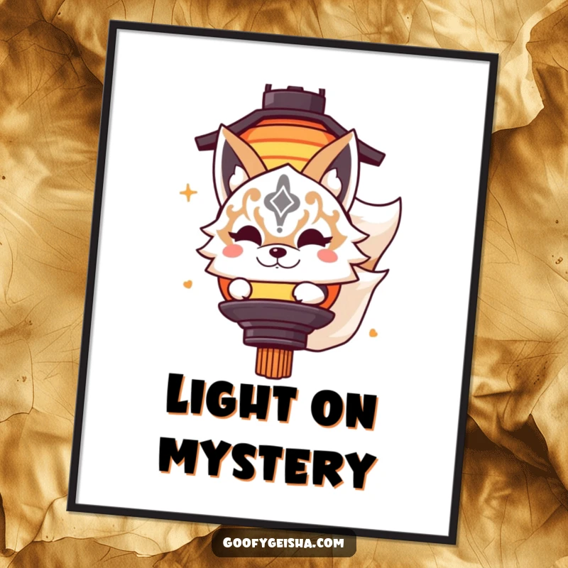 Funny poster art of a cute Kitsune masked character playfully peeking from behind a lantern, creating an atmosphere of playful intrigue.