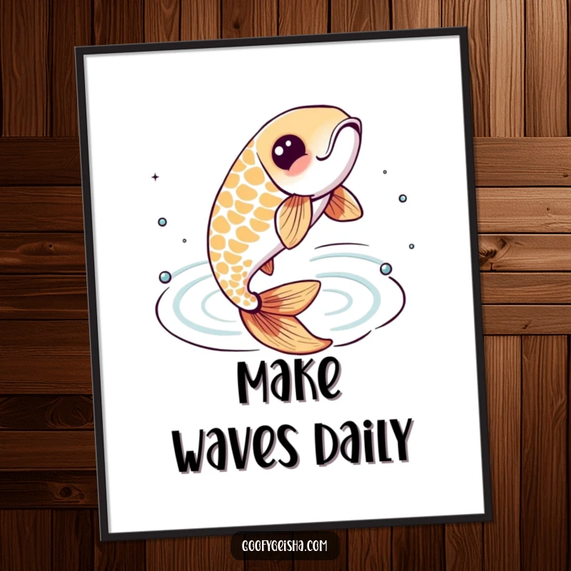 Funny poster art of a lively koi fish character leaping dramatically from stylized water ripples, a symbol of fortune and beauty.