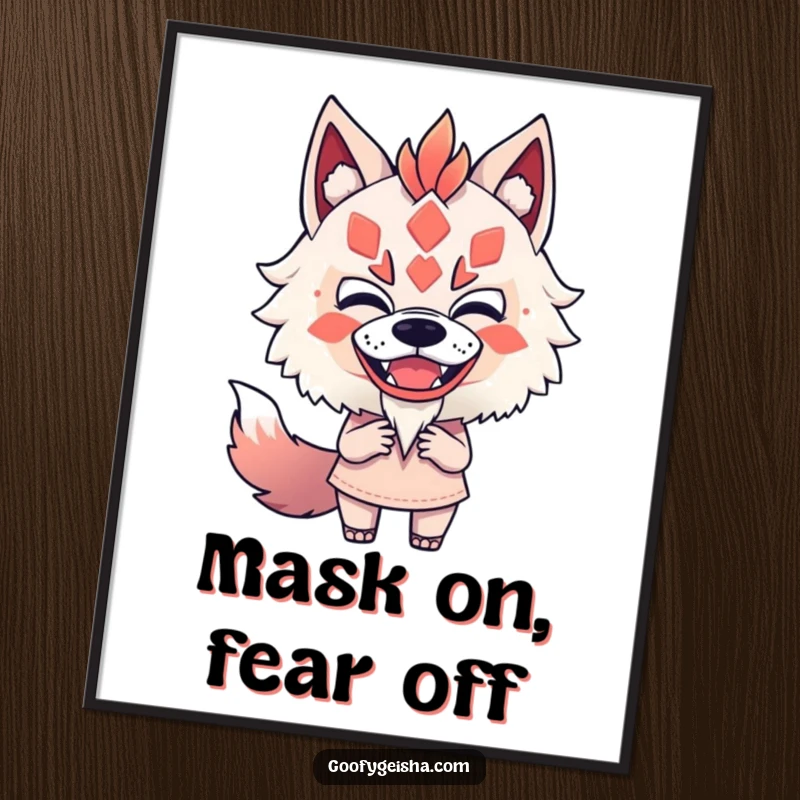 Funny poster displaying a character fearlessly and playfully mimicking a Kitsune mask, capturing a bold and humorous artistic moment.