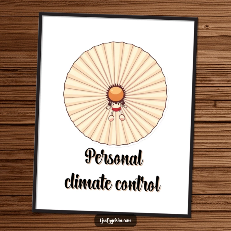 Funny poster depicting a tiny character playfully hiding behind a large, cheerful fan. Adds a touch of lighthearted humor to any wall decor.