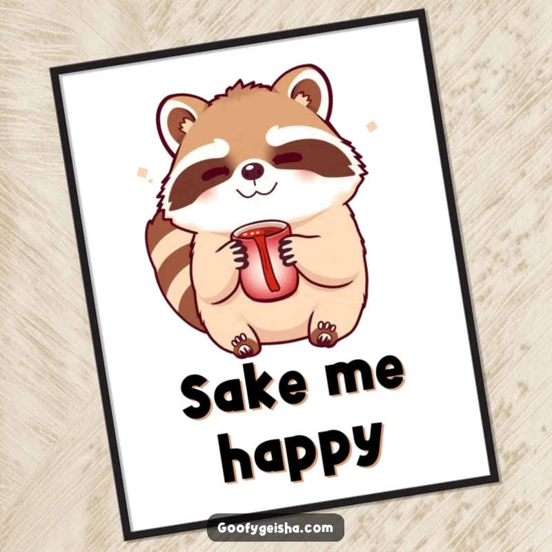 Funny Tanuki sake poster depicting a cute character giving a knowing wink while holding a sake cup, ideal for festive decor.