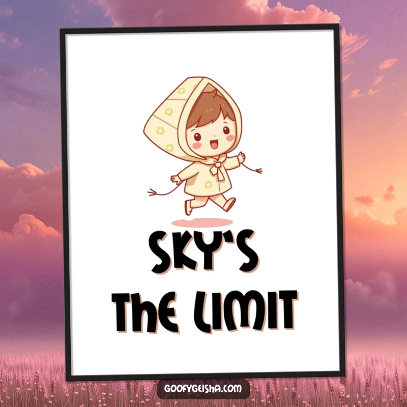 Funny poster of a happy character skipping with a patterned kite, bringing a sense of joy and outdoor fun to decor.