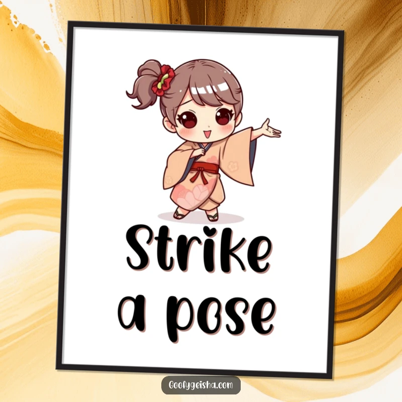 Funny poster print of a character in a beautifully detailed, whimsical kimono performing a wildly exaggerated, funny dance move.