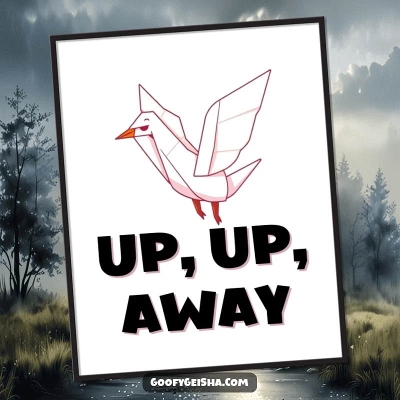 Funny poster featuring a cute origami crane character joyfully flapping its wings, creating a peaceful and uplifting visual for your decor.