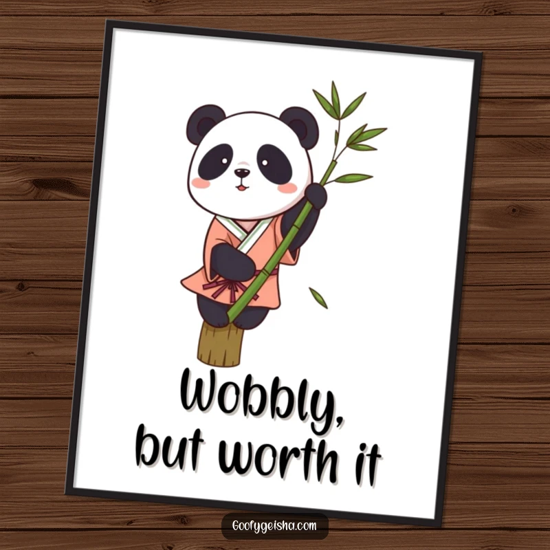 Funny poster art of a small panda in a traditional kimono trying to balance on a single bamboo stalk, capturing a comical moment.