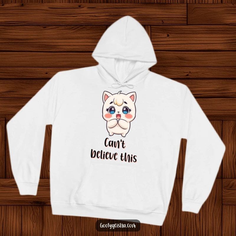 Funny Kawaii Hoodie: Surprised character clutching head, eyes wide with delight, offering warmth and a touch of funny, expressive joy.