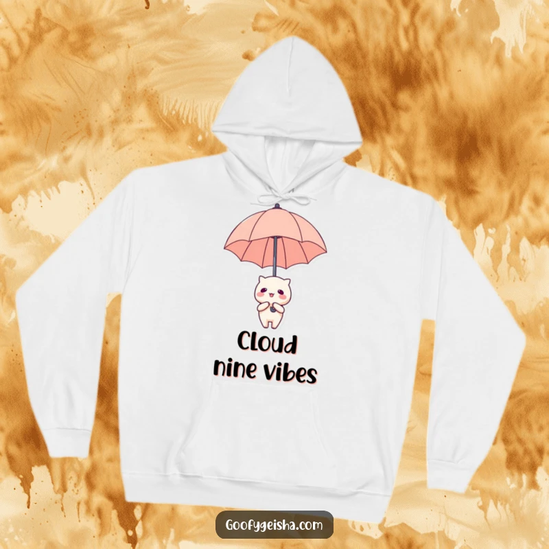 Funny Hoodie: Cute Kawaii character with an oversized umbrella floating effortlessly upwards, embracing the journey.