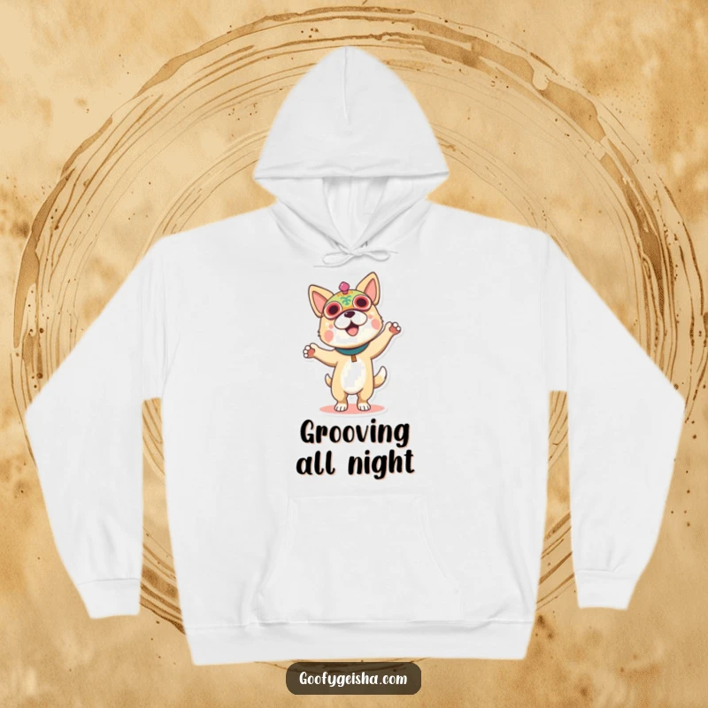 Funny hoodie showing a dog adorned in a festival mask, dancing with infectious enthusiasm and holiday cheer.