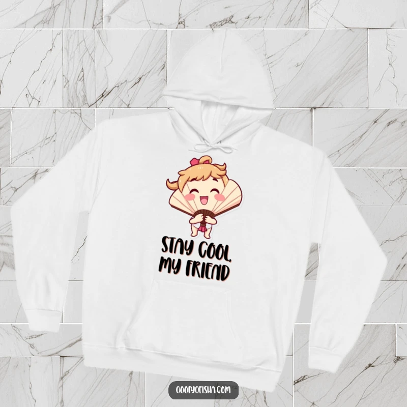 Funny hoodie depicting a smiling fan character in a dynamic, cheerful flourish, offering warmth and a playful style, ideal for chilly days.