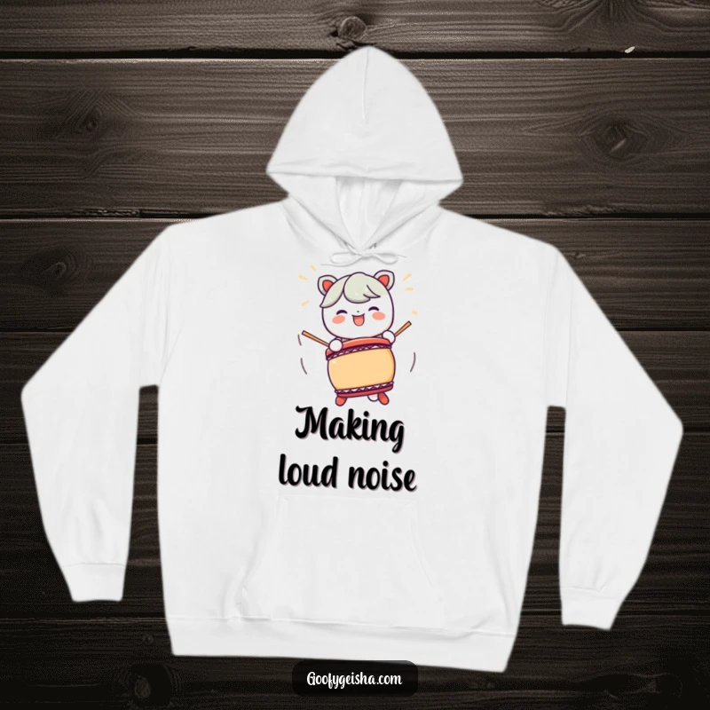 Funny cozy hoodie depicting a Kawaii character happily playing a Taiko drum with exaggerated, energetic motions.