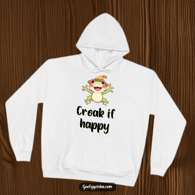 Funny frog hoodie featuring a cheerful character in a straw hat, jumping with excitement. A comfortable and humorous wearable.
