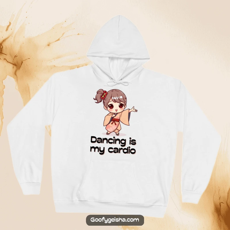 Funny hoodie with a character dressed in a whimsical kimono, captured mid-dance in a comically exaggerated pose.
