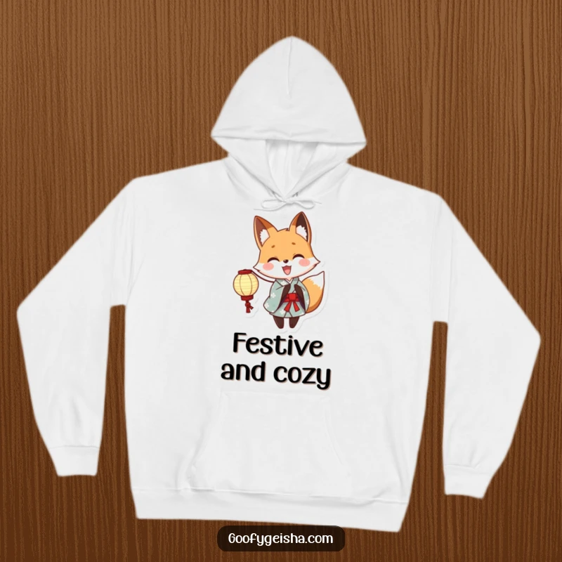 Funny Yukata Fox Hoodie: Adorable anime fox character in a traditional yukata, joyfully holding a bright paper lantern, perfect for cozy, festive occasions.