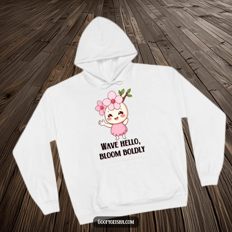 Funny Cherry Blossom Hoodie featuring a smiling blossom character waving hello, offering both warmth and a cheerful greeting.