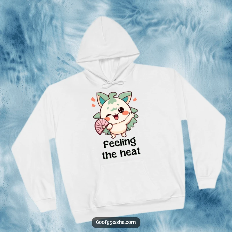 Funny hoodie featuring a character energetically fanning itself with a comical, stressed expression. Cozy and humorous.