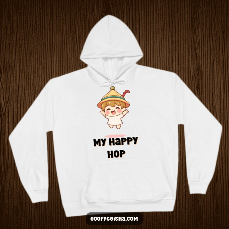 Funny hoodie featuring a character wearing a tiny traditional hat and doing a joyful jump. Warm and festive.