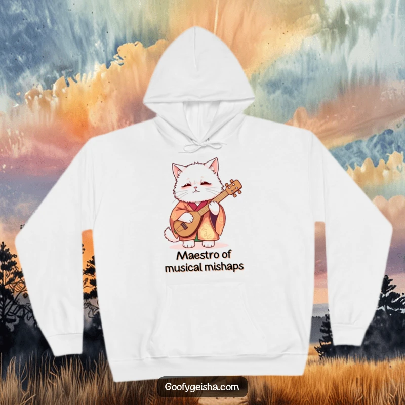 Funny Hoodie featuring a fluffy white cat in a vibrant kimono, hilariously struggling to play a shamisen, perfect for cozy laughs.