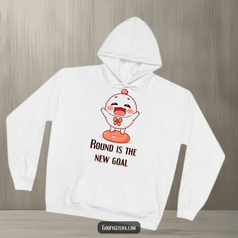 Funny Daruma doll hoodie featuring a happy, round character in a dynamic bouncing pose, perfect for comfy, cheerful wear.
