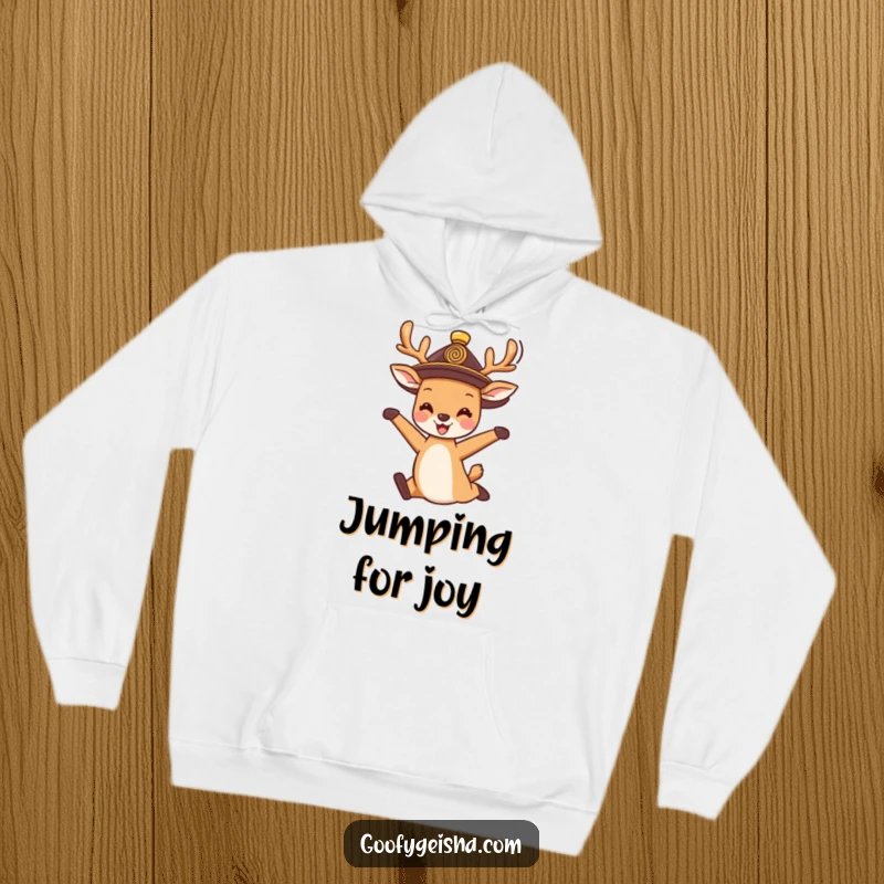 Funny Hoodie: A cute deer wearing a traditional hat, joyfully jumping, offering cozy comfort with a happy and spirited design.
