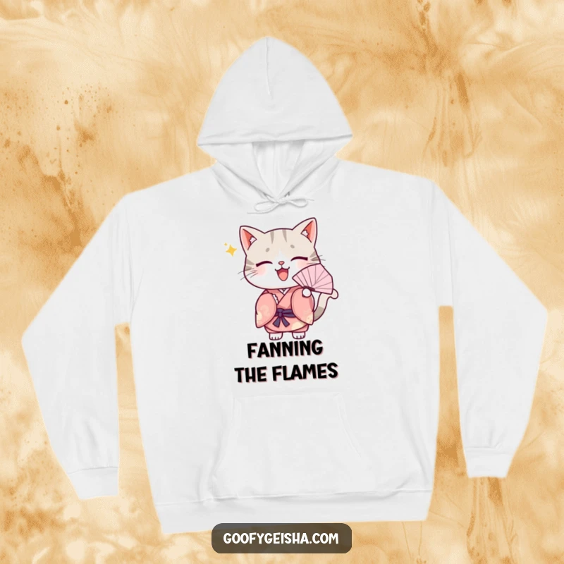 Funny Hoodie: A Kawaii cat in a kimono, enthusiastically fanning itself, offering cozy comfort with a cute and refreshing design.