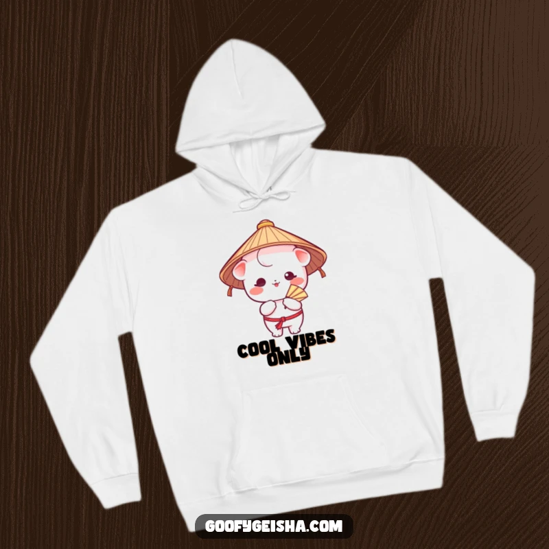 Funny hoodie depicting a cute Kawaii character in a traditional Japanese hat, comically fanning itself to beat the heat, super cozy and amusing.