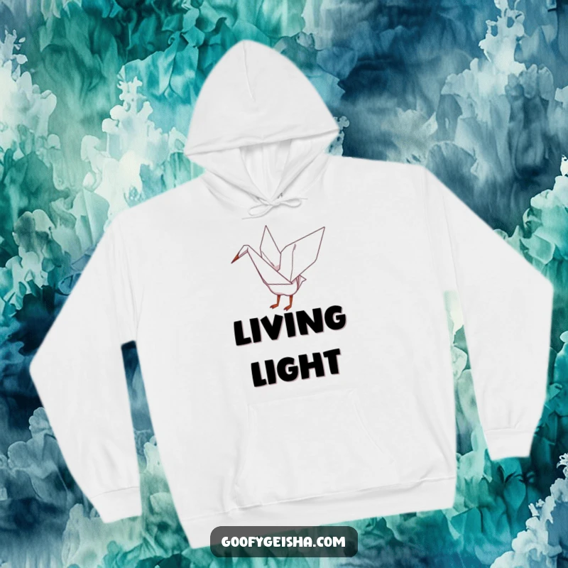 Funny hoodie depicting a whimsical origami crane playfully flapping its wings, offering cozy artistic comfort and charm.