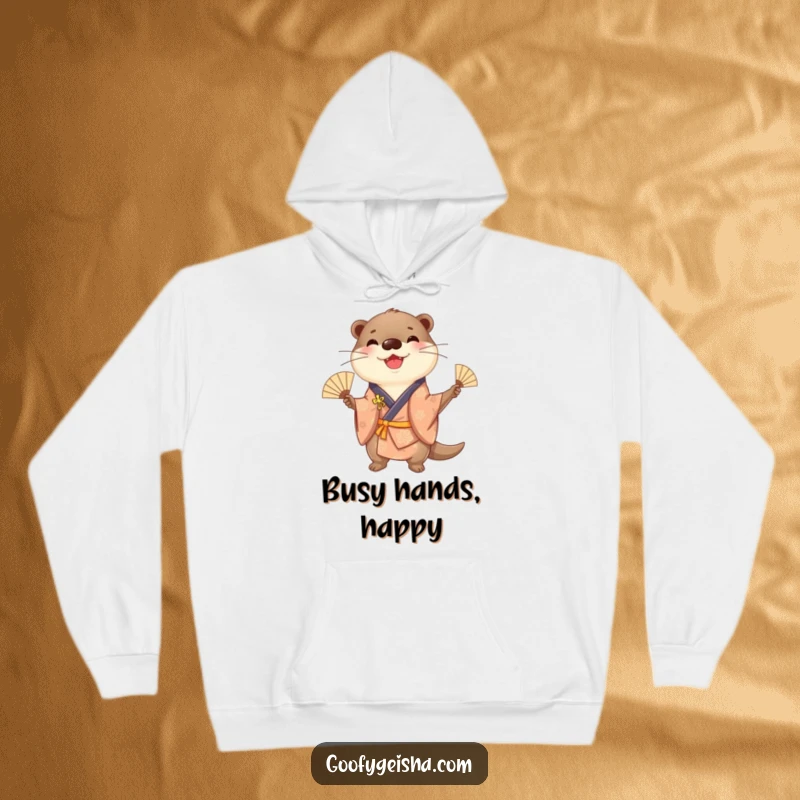 Funny cheerful otter in a kimono, juggling fans, depicted on a warm and fun hoodie.